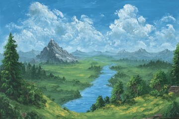 Fototapeta premium Lush valley scene, majestic mountains, serene river, vibrant colors, bright sky, puffy clouds