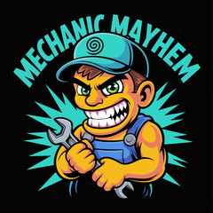 Obraz premium A charming and playful mechanic character brandishing tools, capturing the essence of hands-on trade work with a comical twist, suitable for fun and engaging automotive themes.