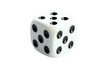 White dice with black pips for games, gambling, and chance, six sided die, cube shape, vector graphic isolated on transparent background