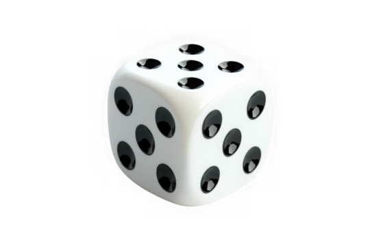 White dice with black pips for games, gambling, and chance, six sided die, cube shape, vector graphic isolated on transparent background