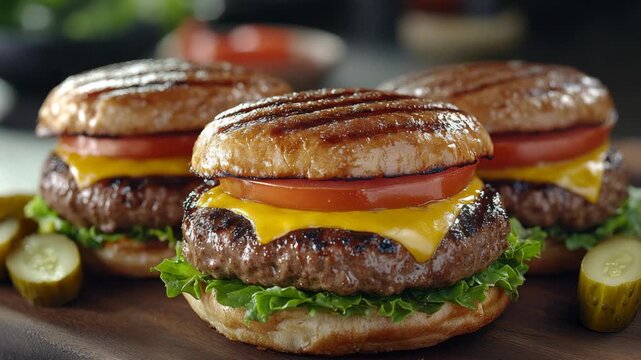 Close-up of delicious cheeseburgers with fresh toppings on wooden surface