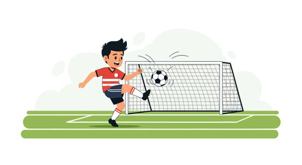 Fototapeta premium Young Footballer Kicking Ball Towards Goal Scoring Vector Graphic Illustration