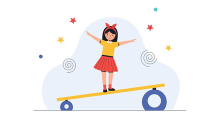 Young Girl Balancing On A Seesaw With Stars And Spirals Background