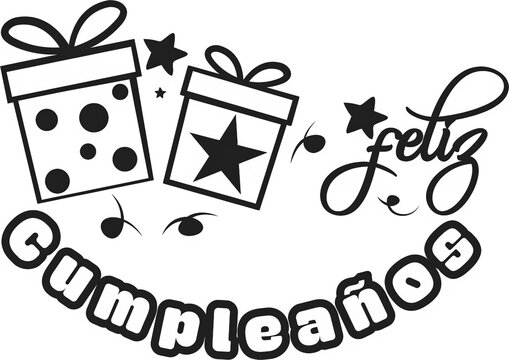 feliz cumpleanos black and white vector graphic featuring two gift boxes, stars, musical notes, and "Feliz Cumplea&ntilde;os" text. Perfect for birthday celebration designs and party decorations.