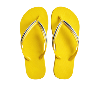 Pair of bright yellow flip-flops with white and navy blue stripes on the toe strap.  Top-down view.  Summer footwear - Powered by Adobe