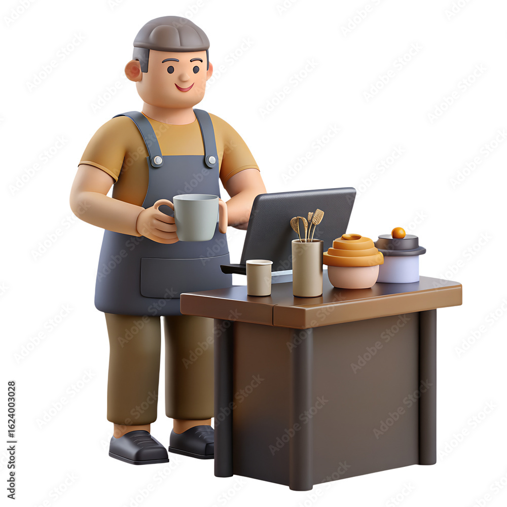 Aufkleber cartoon character working from home on laptop with coffee cups and desk in a rendered image style on