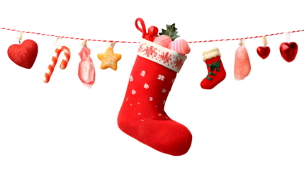 christmas socks hanging on white background 
