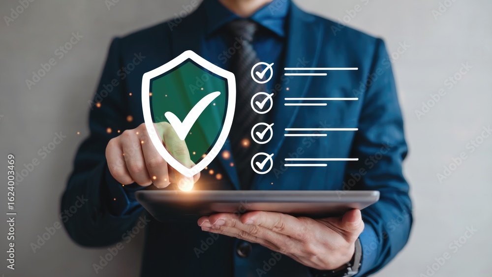 Poster professional managing digital security checklist with verified shield and data protection on tablet