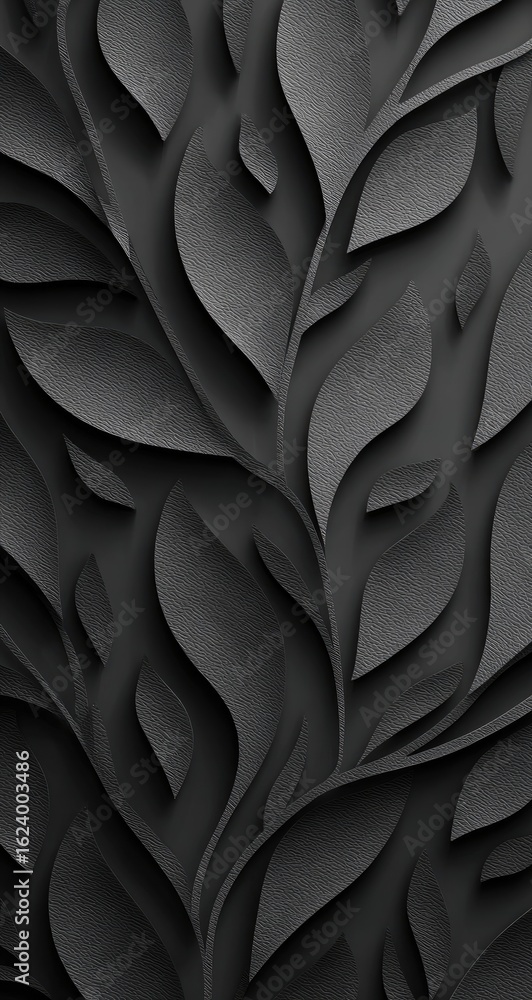 Poster intricate grayscale pattern of embossed leaves and branches, creating a textured, almost three-dimen