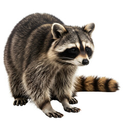 Fototapeta premium A raccoon standing in alert posture, with a charming demeanor, captivating expression, ready to explore or scavenge, with a playful, adventurous spirit.