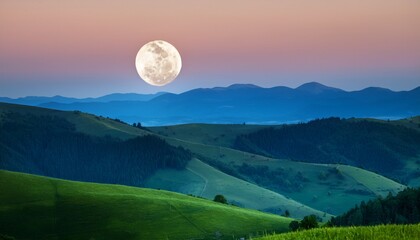 serene twilight scene with full moon illuminating rolling green hills and layered mountain ridges in distance creating tranquil and dreamy atmosphere