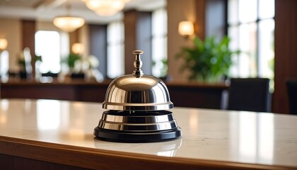 Elegant Hotel Lobby Service Bell on Marble Counter with Soft Lighting.