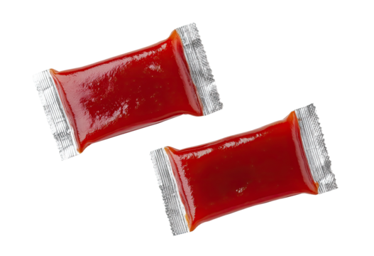 Two packets of red sauce, top-down view