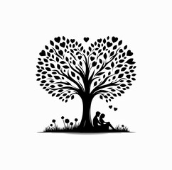 Obraz premium Silhouette of Love Tree with Heart Leaves and Romantic Couple – Vector Design