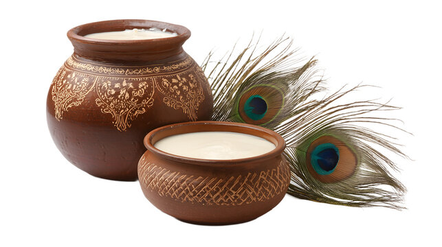 Traditional Indian Clay Pots with Lassi or Curd and Peacock Feathers, Symbolizing Janmashtami, Krishna's Favorite Foods, and Hindu Devotion