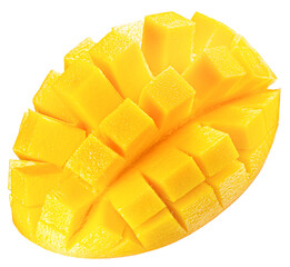 mango cube slices in juice splash isolated on a white background