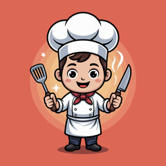 A young chef stands confidently in a chef's outfit with a spatula and knife, exuding happiness and anticipation in a vibrant kitchen atmosphere filled with light and warmth.