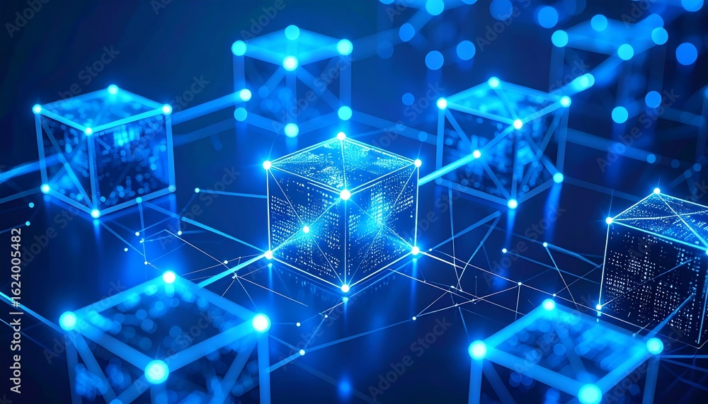 Poster a digital network composed of interconnected cubes, glowing with bright blue light, against a dark b