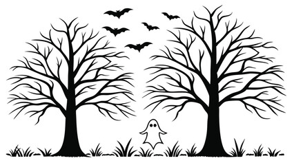 A spooky halloween scene depicting silhouetted bare trees with bats and a friendly ghost in the night
