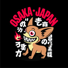 Cartoon chihuahua with flames, text, and Osaka Japan branding.