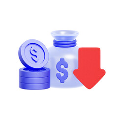3D icon of a money bag with dollar coins and downward arrows For investment loss, currency devaluation, income reduction, savings decline.