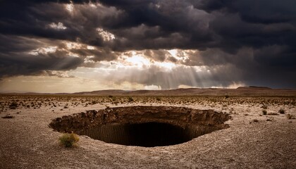 a deep rectangular hole plunges into the earth under a stormy sky surrounded by desolate terrain creating a dramatic and ominous landscape illustration