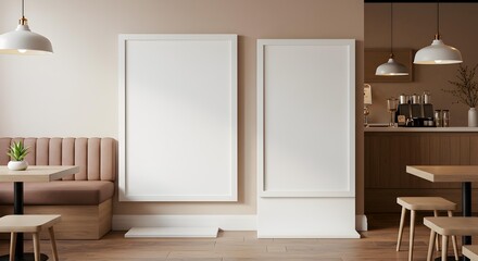 Two Vertical Blank Signs Mockup in Modern Cafe Restaurant Interior