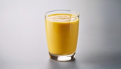 a creamy yellow smoothie served in a clear glass on a plain light background