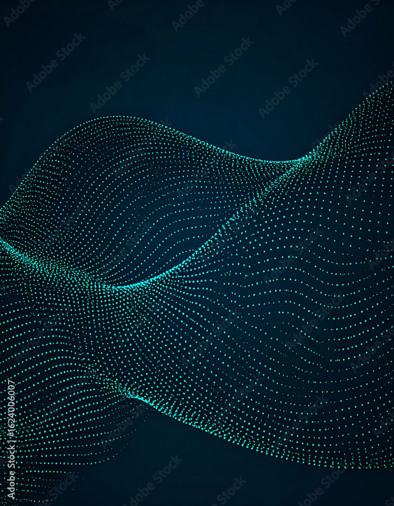 Poster a futuristic blue background with a flowing digital wave made of particles and abstract typography