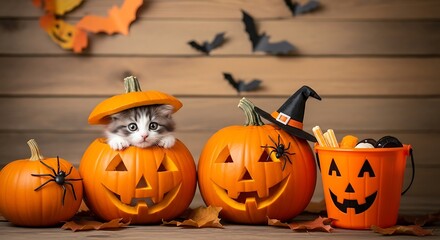 Cute tabby kitten peeking out of a carved halloween pumpkin, surrounded by jackolanterns and candy bucket