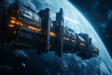 Spaceship flying near planet Earth in the night sky