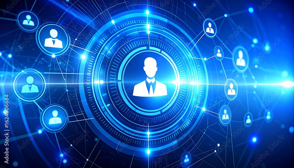 Poster a futuristic digital interface displays a network of people connected to a central user icon.