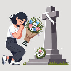Woman Kneeling Grieving Loss at Grave with Bouquet and Wreath