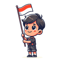 Smiling Cartoon Boy Holds Indonesian Flag on White Background Illustration