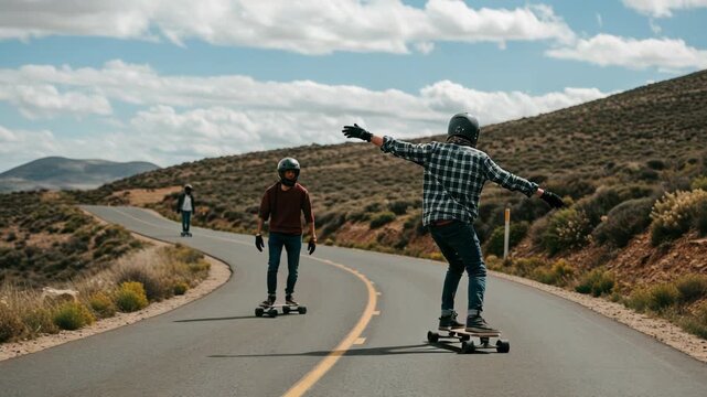 Man longboarding down a winding road in a scenic mountainous landscape