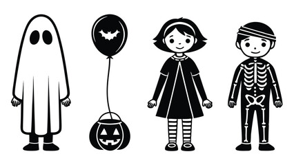 Black and white halloween illustration of kids dressed in spooky costumes with a pumpkin and balloon ready for trick or treat.