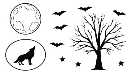 Black and white halloween vector illustration featuring a howling wolf bats a bare tree and stars.