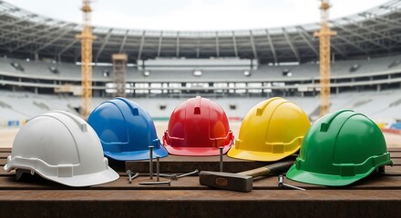 Colorful construction helmets and tools on a rustic wooden surface at a stadium construction site, A diverse team of construction workers ready for stadium building and maintenance
