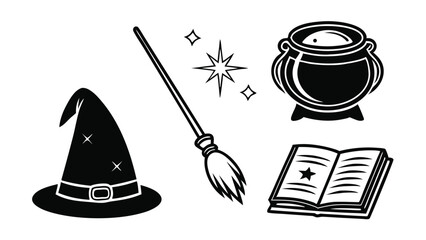 Black and white illustrated witchcraft elements including cauldron witch hat broom spell book and magic stars
