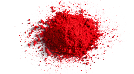 Bright red gulal powder scattered on white background, symbolizing Indian festival celebrations like Holi, cultural rituals, color symbolism, and traditional festive decoration in Hindu customs.

