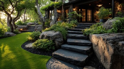 Landscaped patio with stone steps, lush greenery, and large rocks
