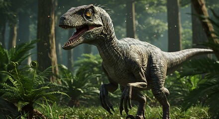 Obraz premium A velociraptor in a lush forest environment with ferns and tall trees during the daytime hours