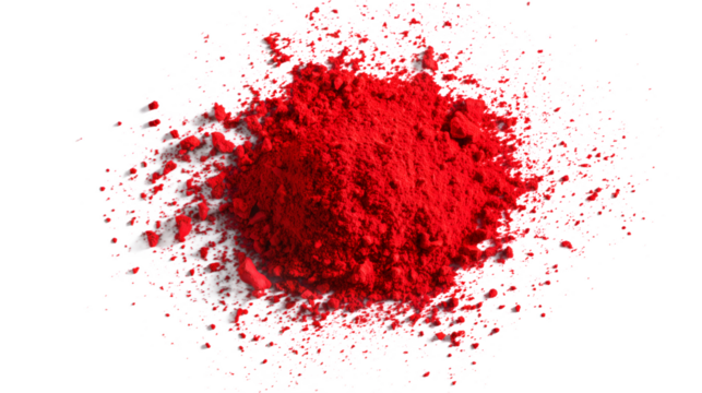 Bright red gulal powder scattered on white background, symbolizing Indian festival celebrations like Holi, cultural rituals, color symbolism, and traditional festive decoration in Hindu customs.