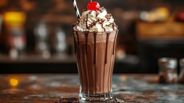 Delicious and refreshing chocolate milkshake with whipped cream and cherry on top
