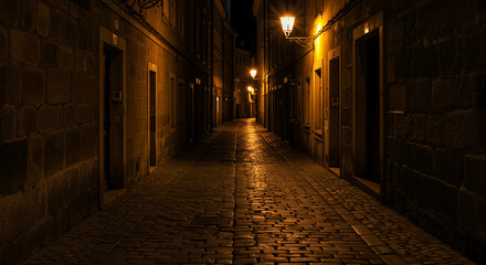 Fototapeta premium Mysterious old european alleyway at night with cobblestone street and warm lighting