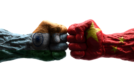 Two muscular fists painted with Indian and Chinese flags facing each other in confrontation, symbolizing geopolitical tension, rivalry, power struggle, and international conflict between India and Chi