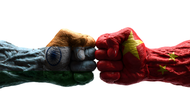 Two muscular fists painted with Indian and Chinese flags facing each other in confrontation, symbolizing geopolitical tension, rivalry, power struggle, and international conflict between India and Chi