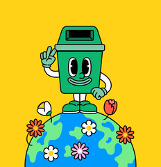 Green recycling bin cartoon character standing on top of the Earth, surrounded by colorful flowers this cheerful eco-themed design promotes environmental awareness, recycling,