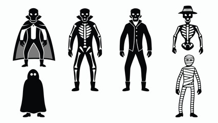 Black and white vector illustrations depicting classic halloween costumes and figures of spooky characters