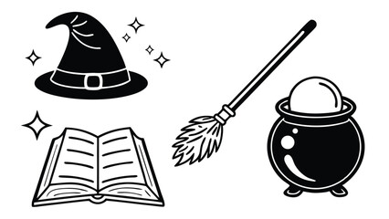 Black and white witchcraft elements including a witch hat cauldron broom and an open book for halloween designs